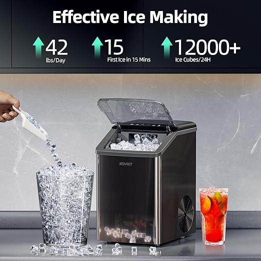 KOVIET Nugget Ice Makers Countertop, Soft Pebble Ice Machine, Chewable Crushed Pellet Ice 42lbs/Day, Self-Cleaning Drainpipe Ice Maker for Party, Home, Kitchen, Bar, Office, Black