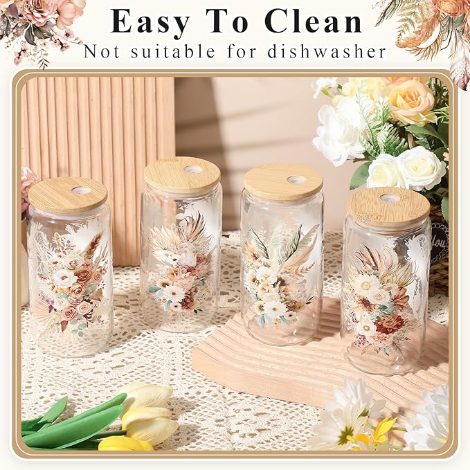 Mumufy 4 Pack Bridesmaid Gift Glass Cups, Cute Flower Mason Jars with Bamboo Lids & Straws, 16oz Iced Coffee Tumblers for Wedding, Bridal Party, Birthday, Mother's Day(Brown Spring)
