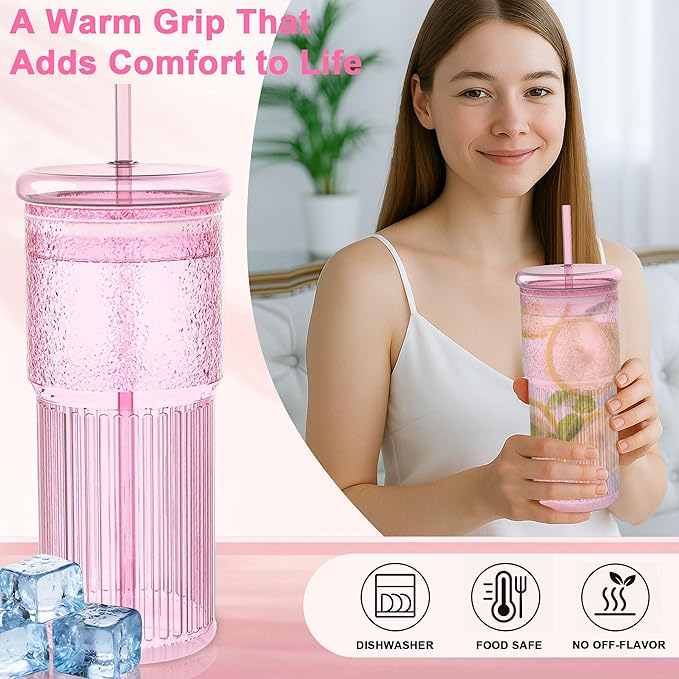 Luiaiog 20oz Glass Cups with Lids and Straws - Set of 4 Reusable Tumblers, Thickened Shatter-Resistant Glass, Ideal for Iced Coffee, Smoothies, Cocktails, Juices - Elegant & Durable Drinkware (Pink)