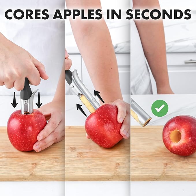 Zulay Kitchen Ultra Sharp Apple Corer Tool - Stainless Steel, Sharp & Serrated Blade Cores in Seconds - Easy to Use & Clean, Durable Apple Core Remover for Apples & Small Fruits - Gray