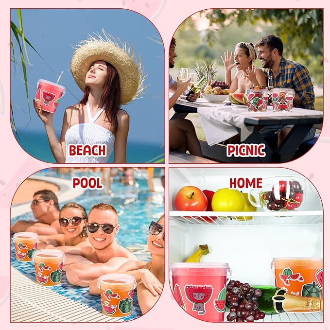 PerKoop 20 Pcs 32 oz Ice Cream Buckets with Lids and Handles Clear Cocktail Rum Buckets with Stickers Plastic Transparent Tub Reusable Food Storage Containers for Parties(Watermelon)