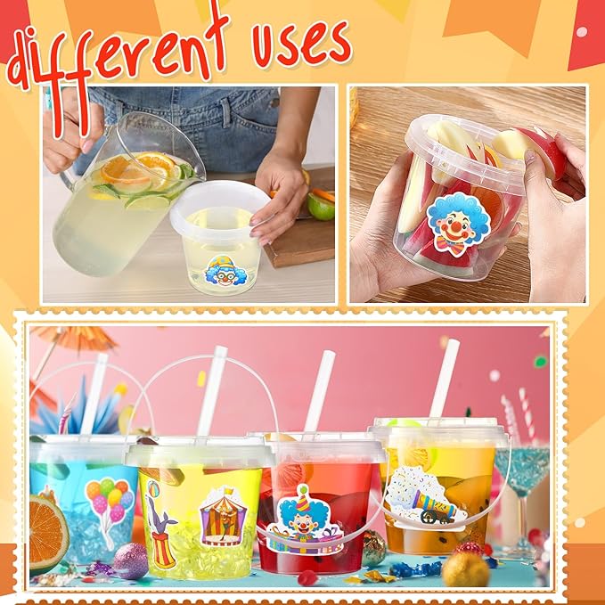 Funnymoom 30 Set Carnival Circus Drink Buckets with Lids and Straws 24oz Clear Disposable Plastic Cups Rum Cocktail Pails with Handles & Cups for Adult Party Favors, Vintage Theme Party Supplies
