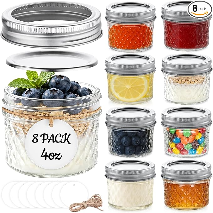 8 Pack, 4 oz Small Mason Jars with Leakproof Lids, Regular Mouth Mason Jars | 4 oz Glass Jars with Lids for Honey, Jam, Snacks, Spices, DIY Candles & Crafts
