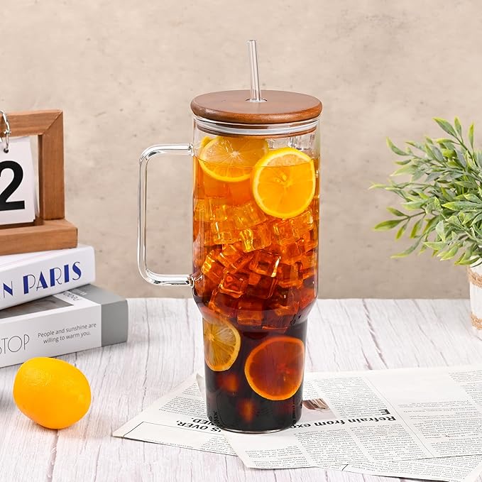 49oz Glass Tumbler with Acacia Wood Lid & Dual Straws, Large Cup with Handle and Straws Glasses Water Bottle Mason Jar Wide Mouth Iced Coffee Cups Travel Mug for Water,Juice,Smoothie,Bubble Tea,Soda