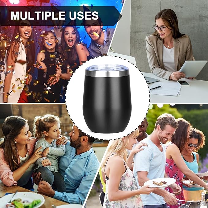 MEZMUT 12 Oz Insulated Wine Tumbler with Lid Double Wall Vacuum Stainless Steel Wine Glass Coffee Mug Insulated Tumbler Cup for Champaign, Cocktail, Beer (Black, 6 Pack)