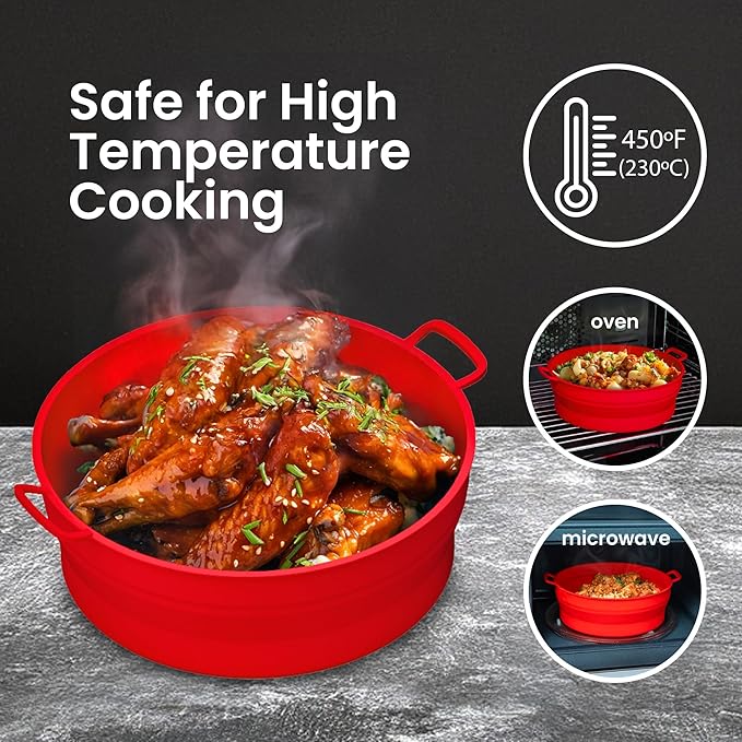 Collapsible Silicone Air Fryer Basket Liners Pot - AirFryer Liners Reusable Bowls for 5 Quart or Bigger As Seen on the Today Show - Air Fryer Accessories 2 Pack - Round Silicone Liners (Red & Black)