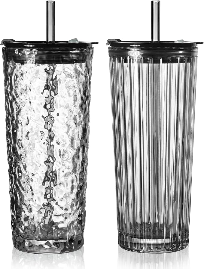 Puraville 2 Pack 18oz Glass Cups with Lids and Straws, Vintage Ribbed Striped Glacier Pattern Thickened Glassware for Whiskey Cocktail Beer, Mason Jar Drinking Glasses Tumbler Iced Coffee Cup, Black