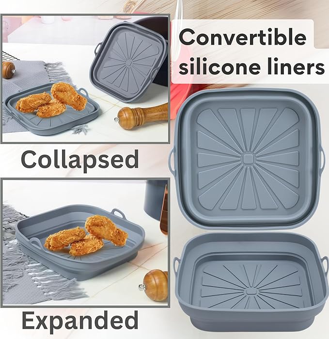SAMIA 4 Piece Reusable Air Fryer Liners Set | 8 Inch Silicone Air Fryer Liners with Collapsible Design, Basting Brush, and Food Tong – Non-Stick, Dishwasher Safe, Air Fryer Accessories for Cooking