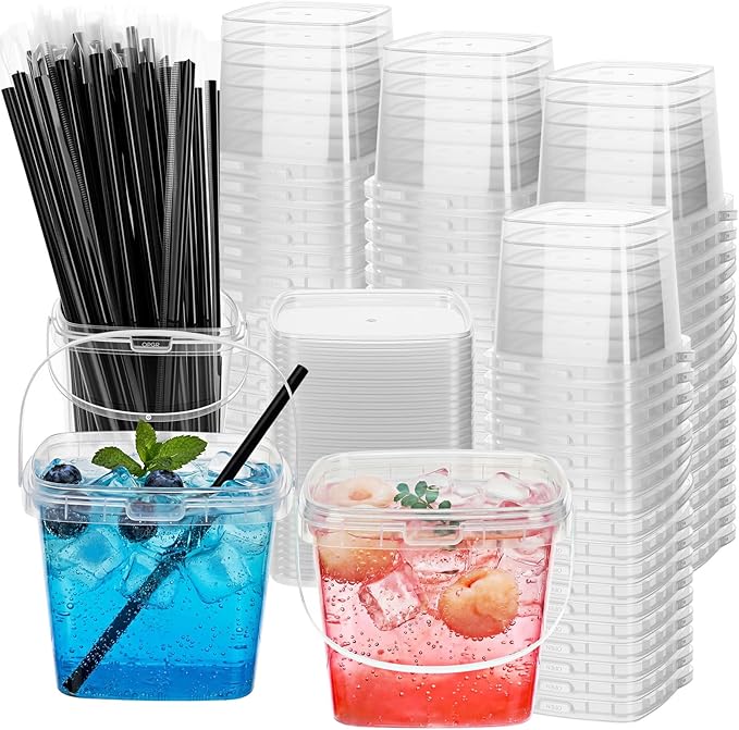 100 Pcs 25 oz Square Clear Drink Buckets with Lids and Straws Reusable Plastic Bucket Cups with Handle for Ice Cream Coffee Cocktail Large Food Safe Party Cup for Pool Beach Bar Birthday