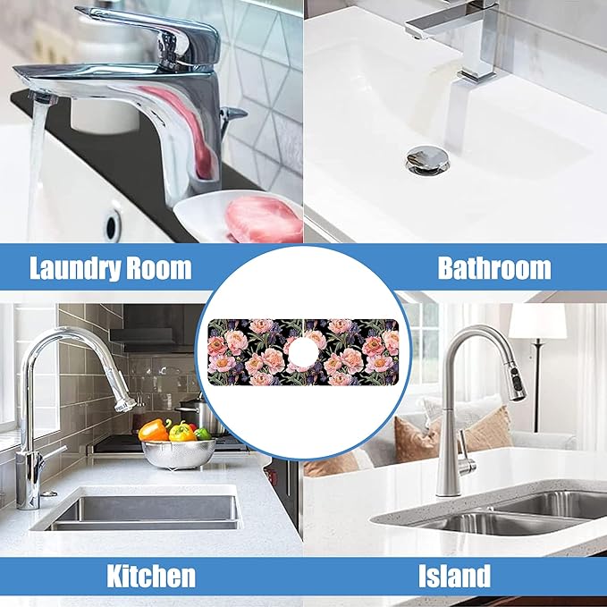 Sink Splash Guard Faucet Mat Peony and Iris Flowers Absorbent Fast Drying Mat Sink Gadgets Splash Guard Behind Faucet Drip Catcher for Kitchen Bathroom 15.5"X5.5"