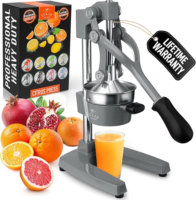 Zulay Kitchen Cast Iron Juicer - Easy-to-Clean Heavy-Duty Manual Juicer, Professional Citrus Juicer - Stainless Steel Lemon Squeezer - Manual Citrus Press & Orange Squeezer - Orange Juicer (Gray)
