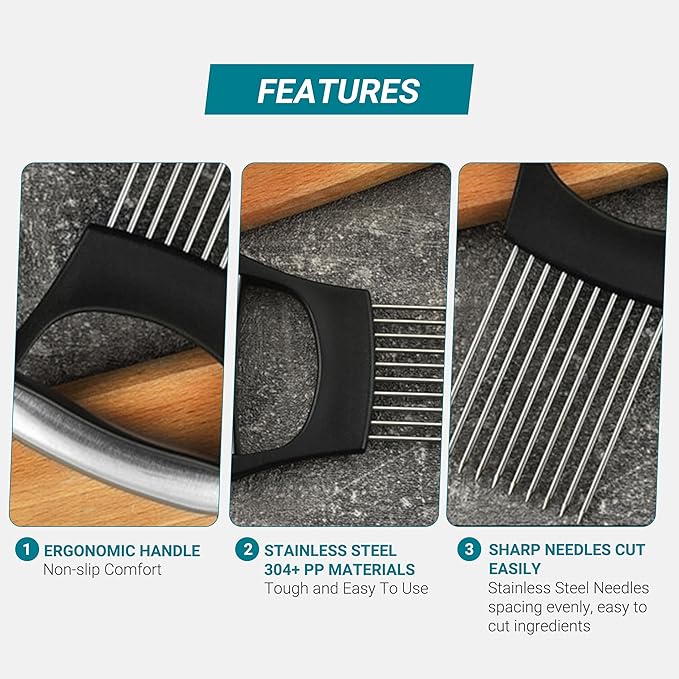 Onion Holder for Slicing – Stainless Steel Onion Slicer with Handle, Safe & Even Cuts, Time-Saving Vegetable Cutting Tool
