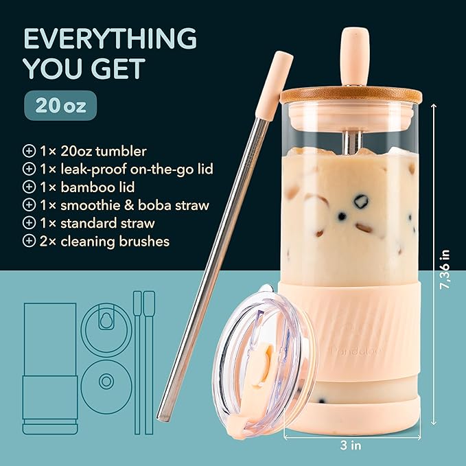 Pandaloo® Glass Cups With Lids and Straws -20 Fl Oz- Perfect Size Iced Coffee Cup - Smoothie Cup With Bamboo Lid and On the go Lid - Glass Tumbler With Straw (1 Count (Pack of 1), Vanilla Cream)