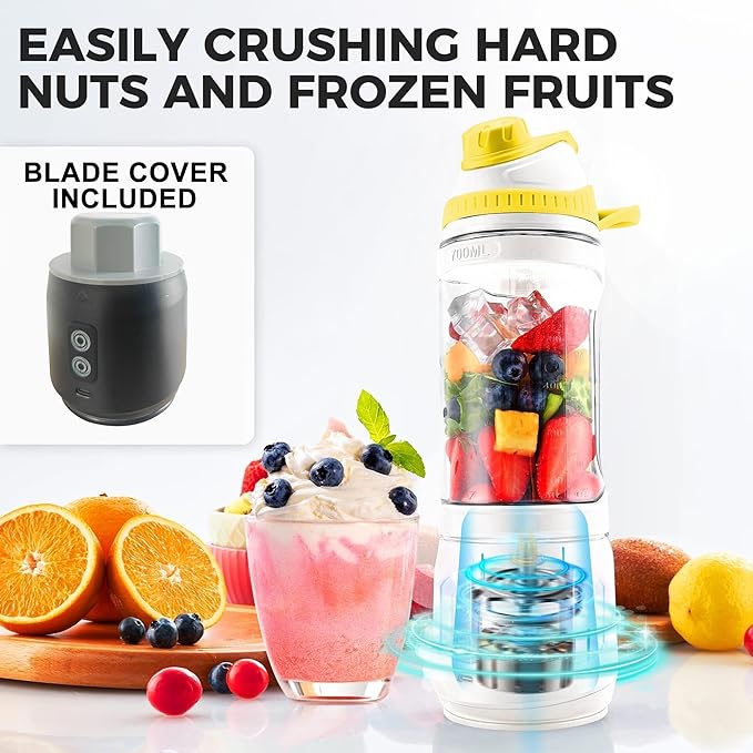 Portable Blender, Anti-Jamming 300 Watt for Shakes and Smoothies, 24oz Travel Blender USB Rechargeable, BPA Free Sporty bottle with a Travel Lid.(Yellow Base Green Lid)