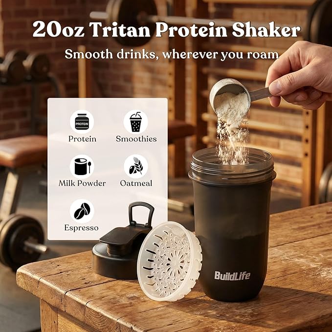 BuildLife Protein Shaker Bottle, 20oz Tritan Shaker Cup with Silent Mixing Grid – Lump Free Shakes 600ML for Pre Workout Protein & Smoothies, BPA-Free Leakproof Dishwasher Safe (Black)
