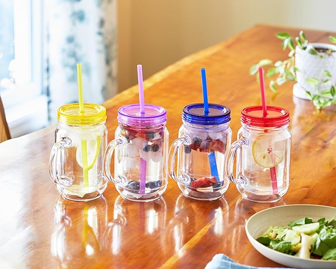 Plastic Mason Jars with Handles, Lids and Straws | 20 oz Double Insulated Tumbler with Straw | 4 Pack Set of 4 | Wide Mouth Mason Jar Mugs | Cups for Kids and Adults…