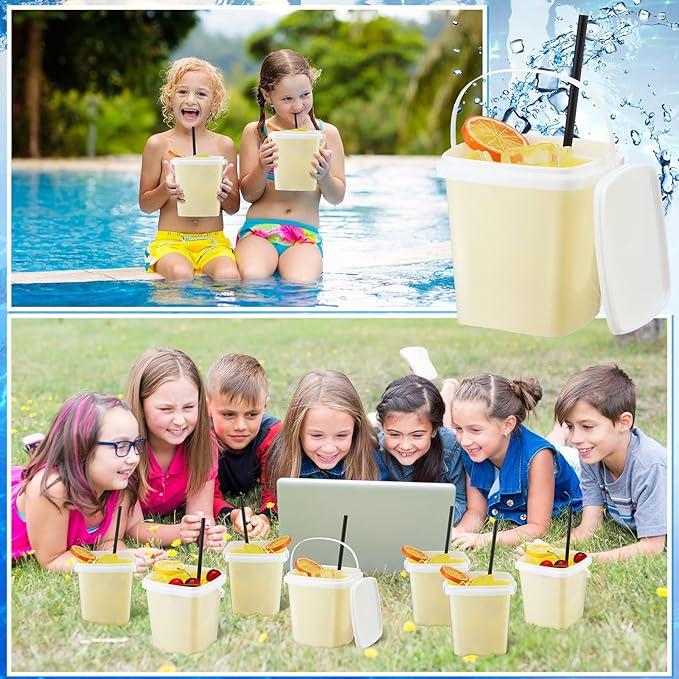SiliFine 24 Pcs 33.8 oz Rum Buckets with Lids and Straws for Drinks, 24 Cocktails Plastic Square Reusable Ice Cream Buckets 20 Black Straws for Summer Birthday Party Snacks Drinks