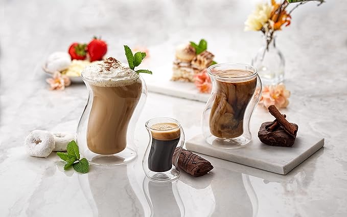 JoyJolt Pivot Double Insulated Cocktail Glasses - Set of 2 Unique 8 oz Double Wall Tumbler - Engaging Optical Effect Double Wall Glass - Suitable for Tea, Cappuccino, Coffee, or Iced Beverages