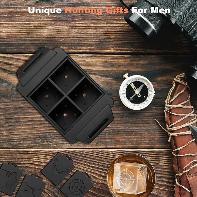 Clear Square Ice Cube Maker Mold for Whiskey Bourbon, Hunting Gifts for Men, Stocking Stuffers for Men, 4 Hunting Theme Ice Stamp Included
