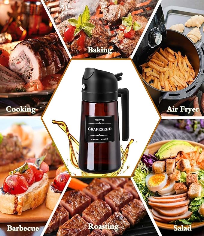 16oz/470ml Olive Oil Sprayer for Cooking, 2 in 1 Oil Dispenser Bottle Spray and Pour with Stickers, Premium Dark Brown Glass Oil Bottle for Air Fryer and Salad