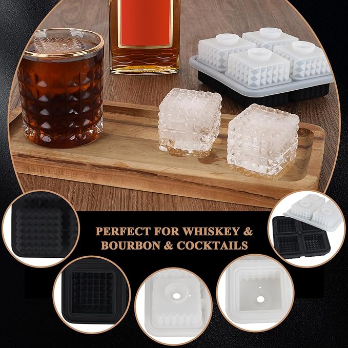 2-Inch Whiskey Ice Cubes Mold,2 Pack Silicone Ice Cube Trays with Lid, Diamond Textured Large Square Ice Cube Mold,Bourbon Ice Cube Molds,Ice Tray-Ice Molds for Whiskey,Cocktails,Old Fashioned