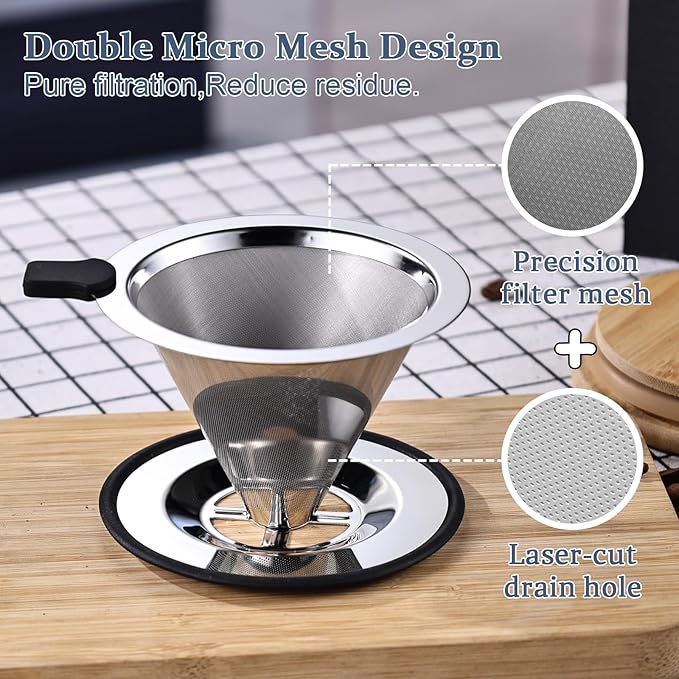 Pour Over Coffee Filter Dripper, Stainless Steel Metal Cone Drip Coffee Filter, Paperless and Permanently Reusable, Double Mesh Coffee,Tea Filter for 1-3 Cup
