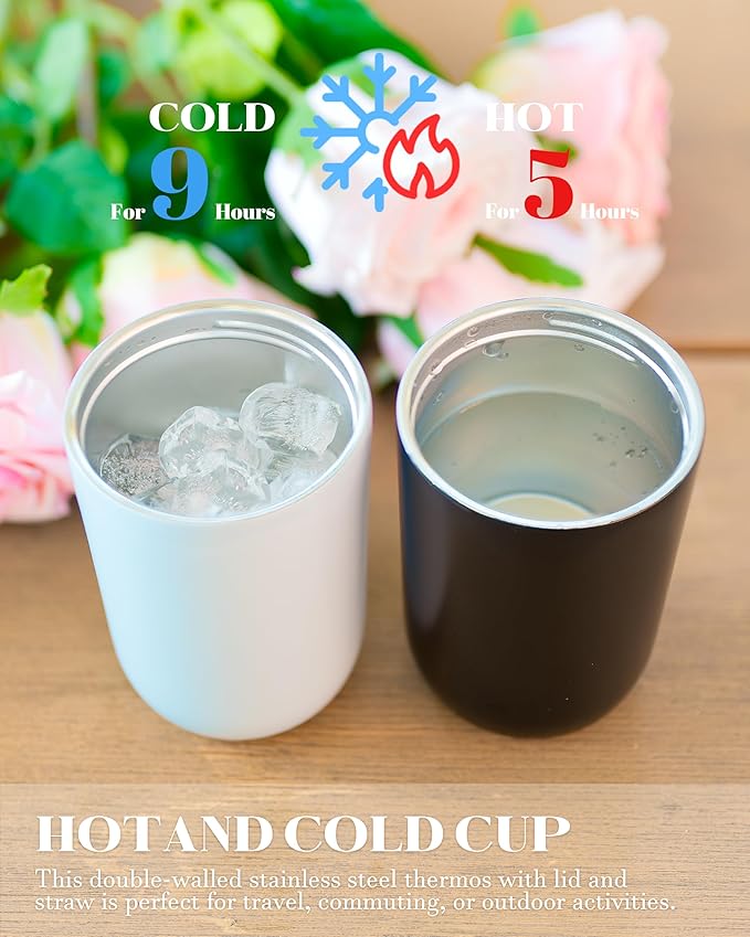 10 oz Insulated Coffee Tumblers, Travel Coffee Tumblers with Straw, Double-Wall Stainless Steel Tumbler, Leak Proof Tumbler, Reusable Cups with Lids for lced and Hot Drinks (Yellow)