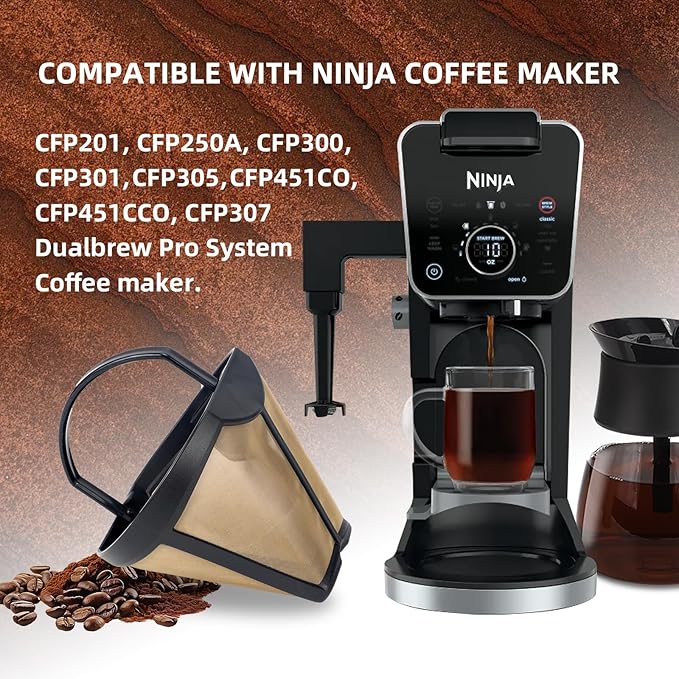 Reusable Gold Tone Coffee Filter for Ninja Dual Brew CFP201 CFP300 CFP301 CFP305 CFP307, BPA-Free Stainless Steel Permanent Coffee Basket