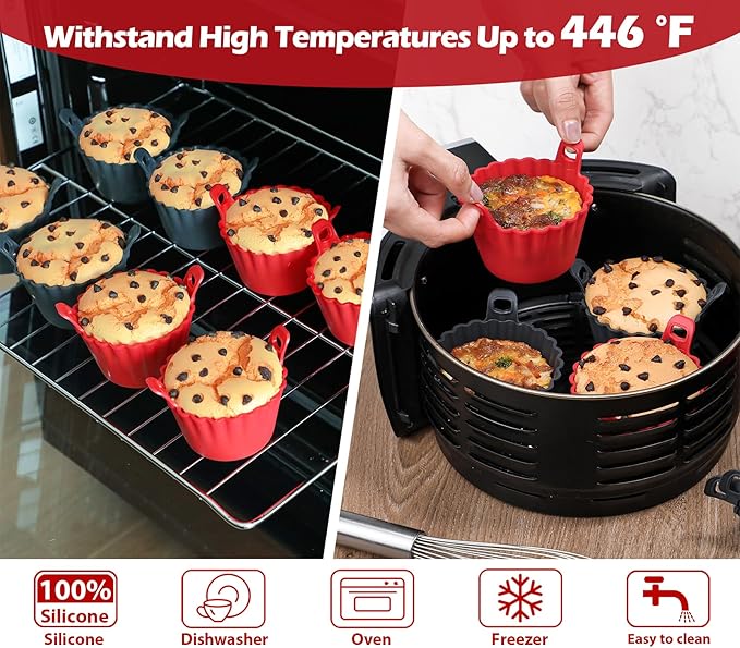 Webake Air Fryer Muffin Cups with Handle, LFGB Platinum Silicone Ramekins for Baking, Egg Bites, Egg Poacher, Pack of 8