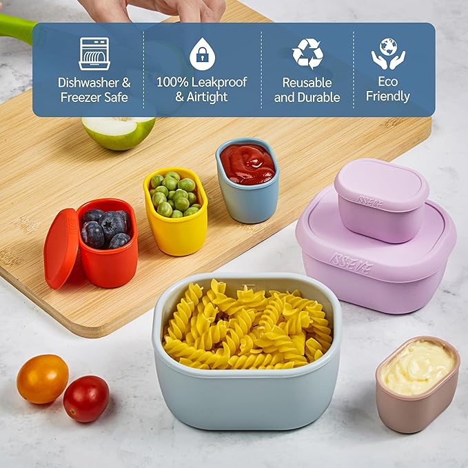 ISSEVE 6Pcs/Set Nesting Silicone Food Storage Containers with Lids, BPA Free Reusable Meal Prep Silicone Containers Lunch Box Bento Box Set (33.8oz, 20oz, 10oz, 6.7oz, 1.3oz) (Grey)