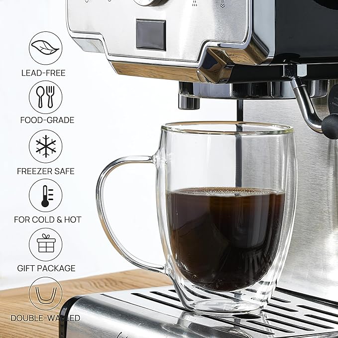 Double Wall Glass Coffee Mugs, 12 Oz Clear Coffee Mugs with Handle, Insulated Glass Coffee Mugs Set of 6, Perfect for Espresso, Cappuccino, Latte, Americano, Tea Bag, Beverage
