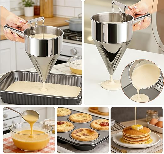 40oz Stainless Steel Pancake Batter Dispenser with Squeeze Handle & Stand, Multi-Nozzle Funnel Cake Dispenser for Pancakes, Cupcakes, Muffins, Waffles & Baking - Precise Control