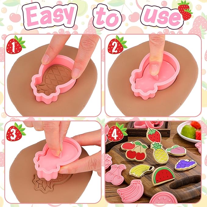 Rozer 8 Pcs Fruit Cookie Cutters with Plunger Stamps Set Christmas Fondant Cutter 3D Strawberry Apple Cherry Grape Banana Pineapple Watermelon Peach Biscuit Cookie Mold for DIY Funny Cake Baking