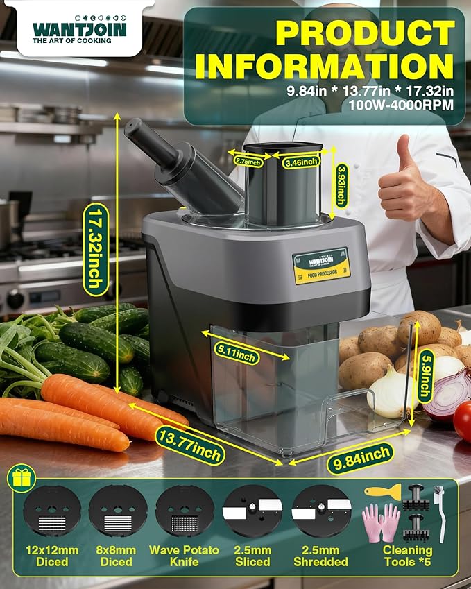 WantJoin 6 in 1 Electric Vegetable Chopper - Multifunctional Commercial Food Processor w/Magnetized Tray, Stainless Steel Blades for Slicing,Dicing,Chopping,Shredding,Wave Cutting,Diagonal Cutting