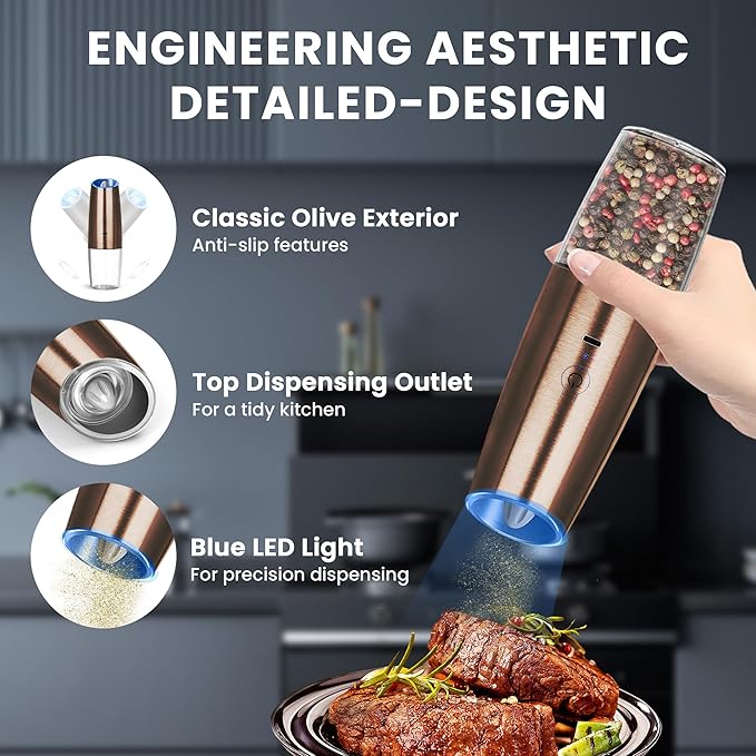 UNNEES Rechargeable Electric Salt and Pepper Grinder set of 2, gravity electric salt and pepper grinder set, Adjustable Roughness, LED Light, 2 Pack, (Copper)