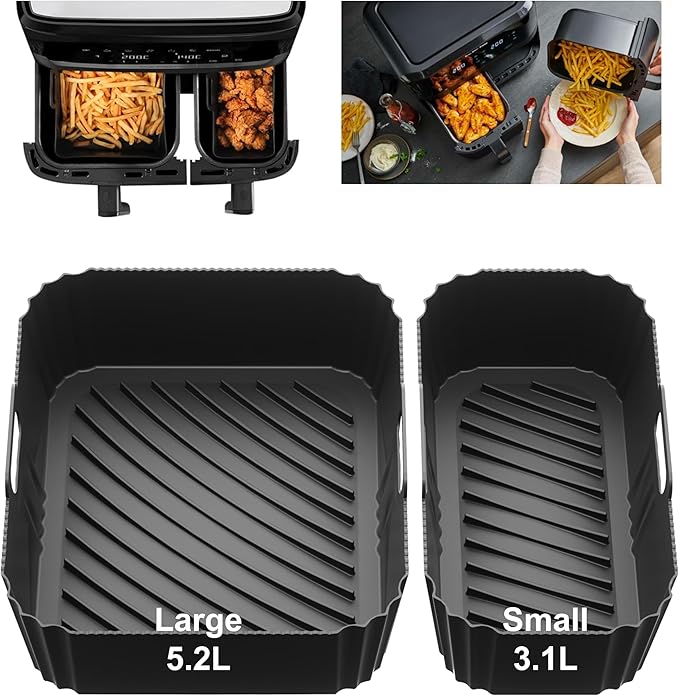 Silicone Air Fryer Liners 2 Pack, 1 Large and 1 Small, for Philips Dual Basket Air Fryer 3000 Series NA350 NA351, Reusable Asymmetrical Dual Drawer Air Fryer Liners, BPA-Free Air Fryer Accessories