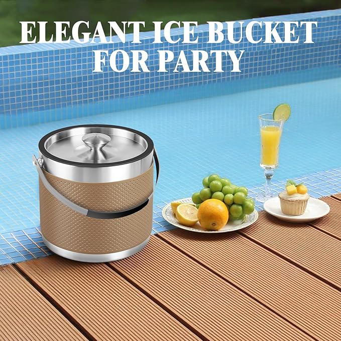 3Quart/3.2L Insulated Ice Bucket with Lid, Scoop, Leather Design Double Wall Stainless Steel Ice Bucket for Cocktail Bar, Parties (Brown)