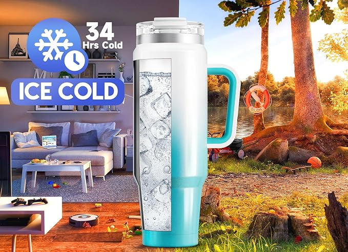 Meoky 40 oz Tumbler with Handle and Straw, Insulated Tumbler with Lid and Straw, Stainless Steel Travel Mug, Keeps Cold for 34 Hours, 100% Leak Proof, Fits in Car Cup Holder (Azure)