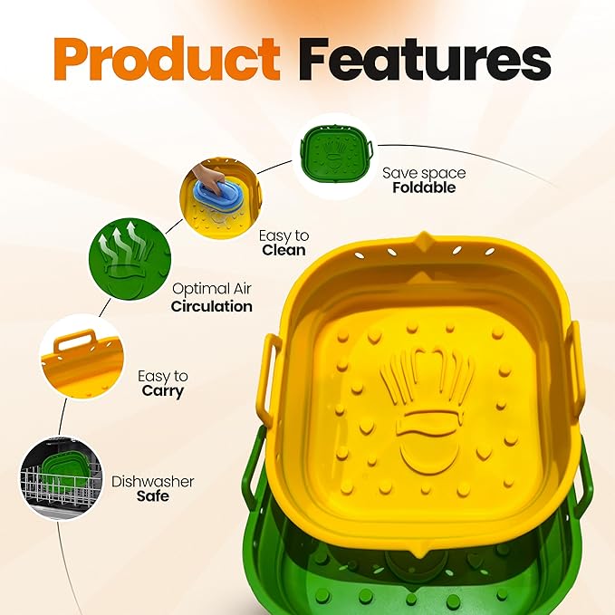 Platinum Silicone Air Fryer Liners Reusable Square-Extra Strong-Easy to Clean Air Fryer basket for Oven Microwave Accessories - BPA Free - Food Safe Pot for 5.8QT to 8 QT - 9 Inch