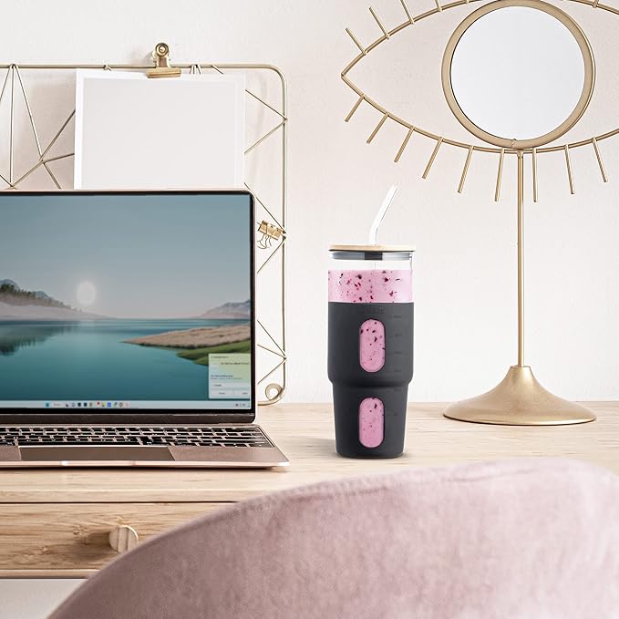 32oz Black Glass Tumbler with Straw & Bamboo Lid, Silicone Sleeve, Reusable Boba Smoothie Cup, Iced Coffee Tumbler, Fits Cup Holder, BPA Free, Le'raze