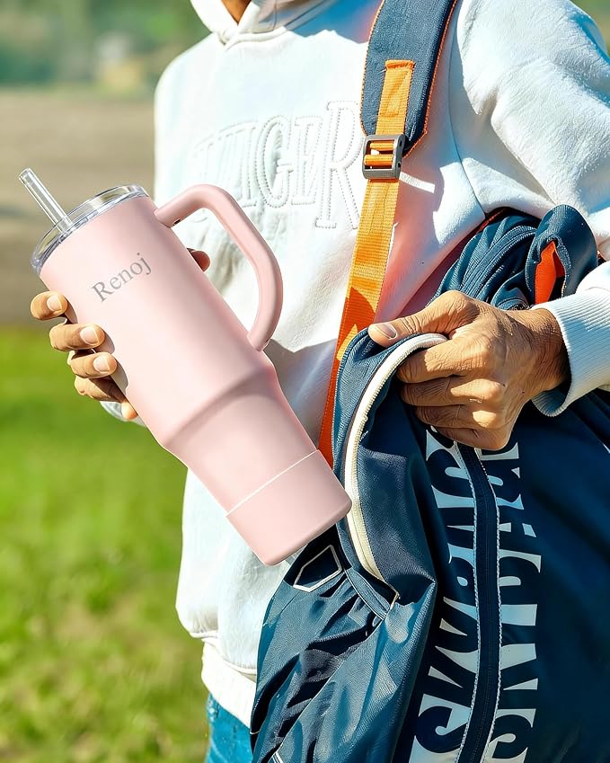 Renoj Insulated Mug 100% Spill Resistant Insulated Water Bottle for Iced Coffee & Hot Drinks - Fits Car Cup Holder, Ideal Gift, 2 Straws & Silicone Boot - FlexSlide Light Pink 40 oz