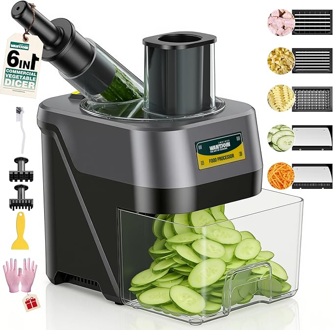 WantJoin 6 in 1 Electric Vegetable Chopper - Multifunctional Commercial Food Processor w/Magnetized Tray, Stainless Steel Blades for Slicing,Dicing,Chopping,Shredding,Wave Cutting,Diagonal Cutting