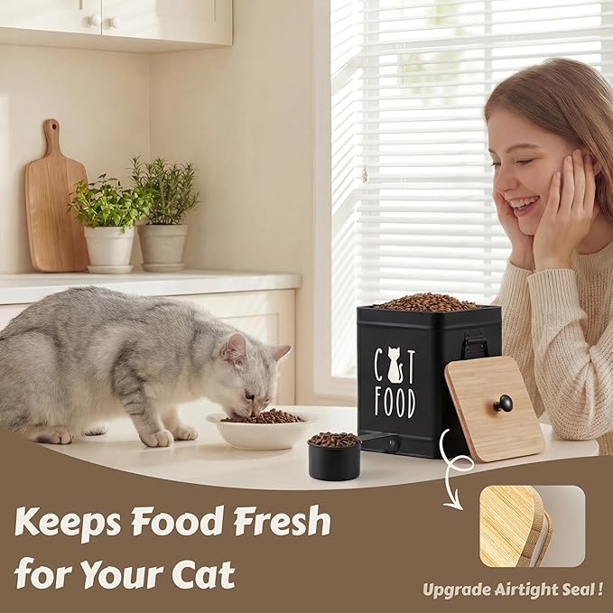 PERFNIQUE Cat Food Storage Container, Airtight Cat Treat Container with Bamboo Lid, 25 Cup Pet Food Storage for Kitchen Countertop, Treat Jars for Pets, Cat Food Container (Black, with Spoon)
