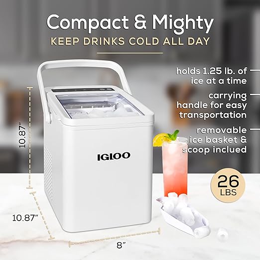 Igloo Automatic Self-Cleaning Portable Electric Countertop Ice Maker Machine with Handle, 26 Pounds in 24 Hours, 9 Ice Cubes Ready in 7 Minutes, with Ice Scoop and Basket