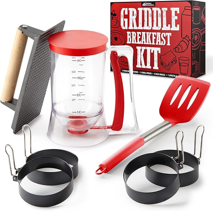 Modern Innovations Griddle Breakfast Kit Accessories - Pancake Batter Dispenser for Griddle, Cast Iron Grill Press for Bacon, 4 Egg Rings/Pancake Molds and Spatula, Compatible With Blackstone Griddles