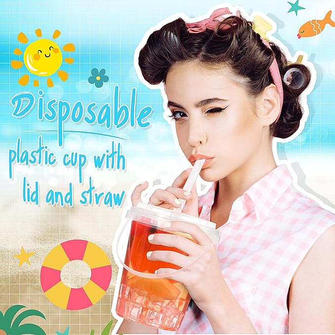 Funnymoom 100 Set 34oz Clear Plastic Drink Buckets with Lids and Straws Disposable Iced Coffee Cups Rum Buckets for Cocktail Parties Smoothie Cup Bulk with Handles for Beach Pool Party Supplies