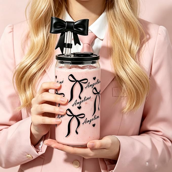 Mason Life Personalized Cups with Coquette Bows-Can Shaped Glass with Lids and Straws-18OZ Iced Coffee Cups -Cute Glass Tumbler Birthday Thanksgiving Christmas Gift for Women