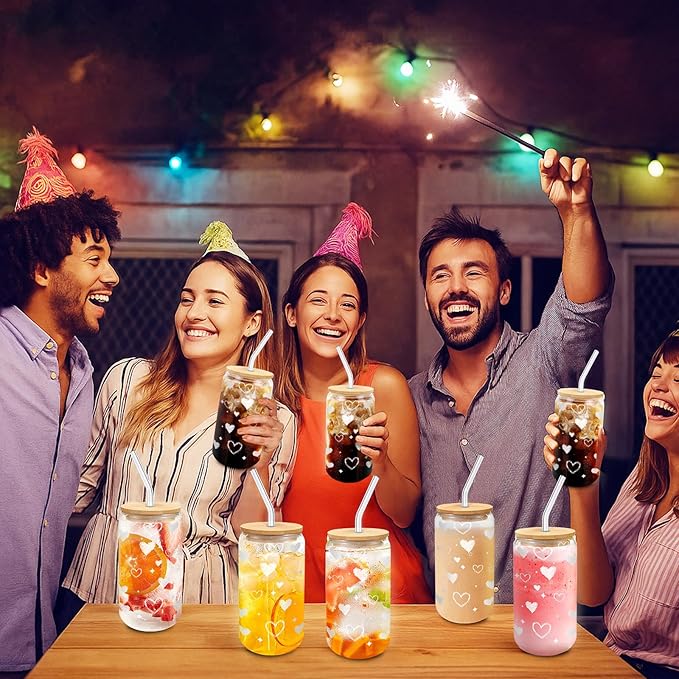 Glass Cups with Lids and Straws – 4 Pack 16oz Heart Tumblers for Cold Drinks, Iced Coffee, Tea, Juice – Sharing Drinkware for Friends, Couples & Gifts