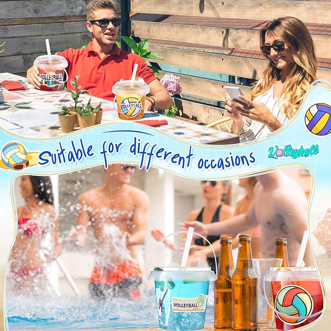 Funnymoom 30 Set Volleyball Clear Plastic Cups with Lids & Straws 24oz Disposable Rum Drink Buckets Bulk for Cocktail Parties with Handles & Stickers for Holiday Birthday Beach Pool Party Supplies