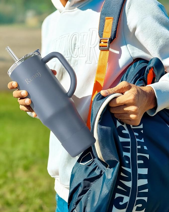 Renoj Insulated Mug 100% Leak Proof Insulated Water Bottle for Iced Coffee & Hot Drinks - Fits Car Cup Holder, Ideal Gift, 2 Straws & Silicone Boot - SnapShift Navy Blue 32 oz